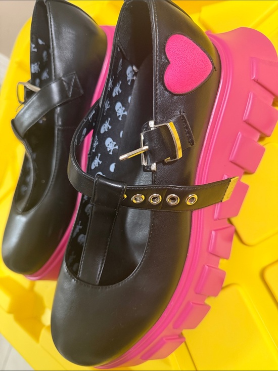 Black Mary Jane Platform Shoes with Pink Chunky Sole and Heart Accent